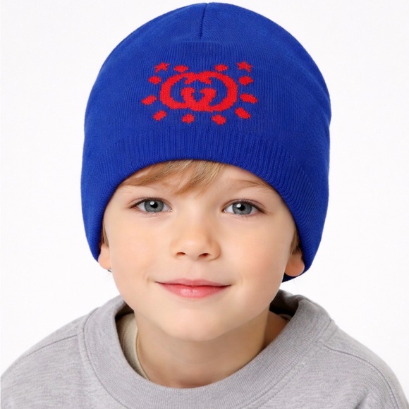 Gucci Kids Wool Blue Beanie with Red Logo
